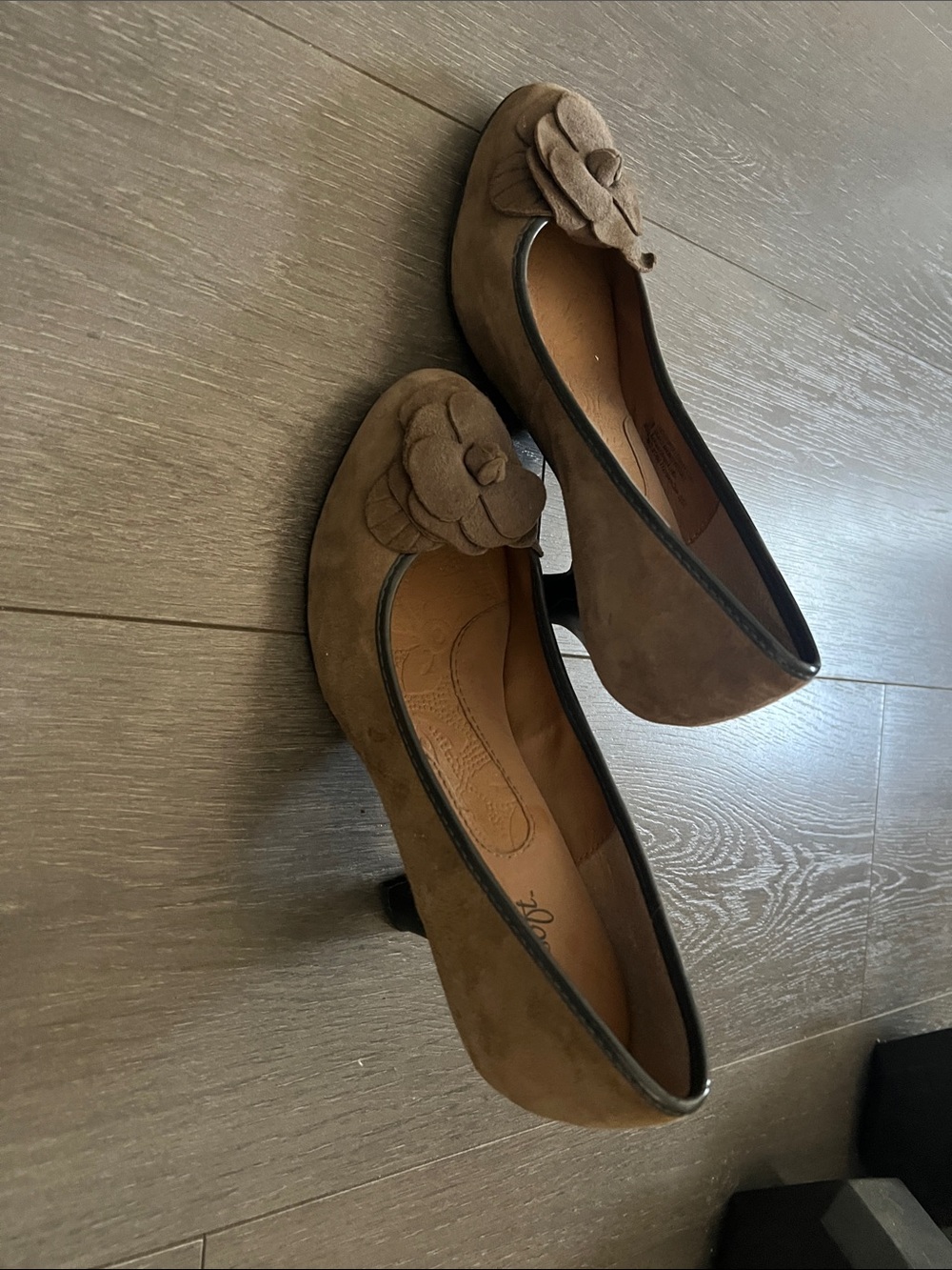 Suede Brown Floral Accent  Women's Low Heel Pumps